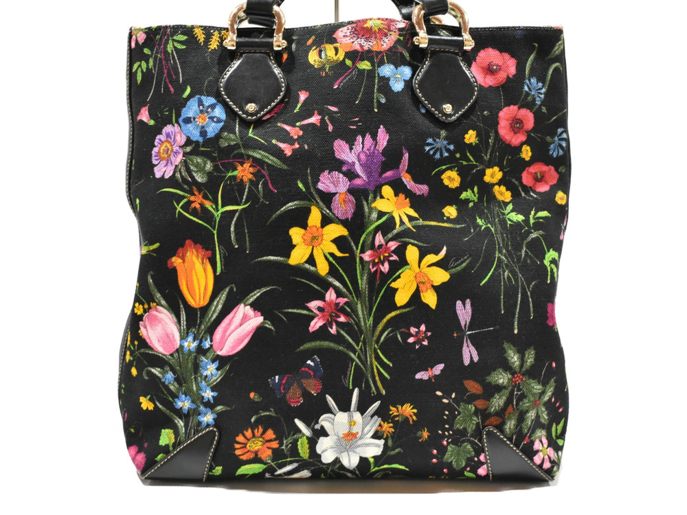 Gucci Flower Black Bag Multicolor Tote Canvas